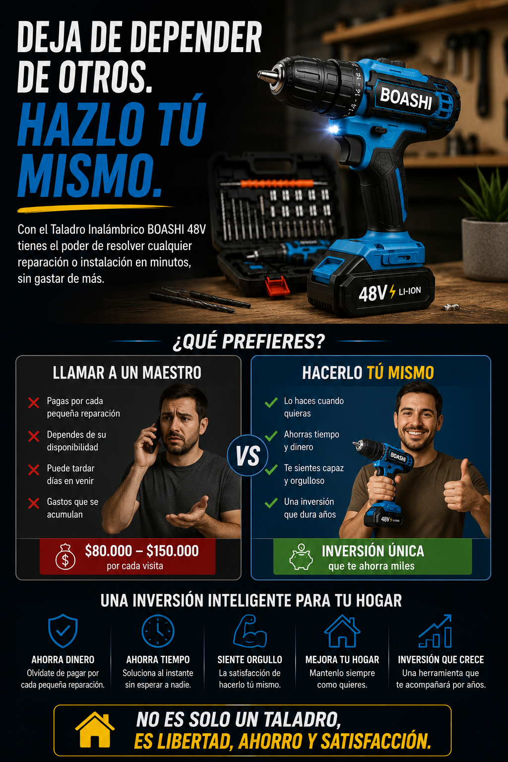 Taladro BOASHI 48V con batería dual y brocas