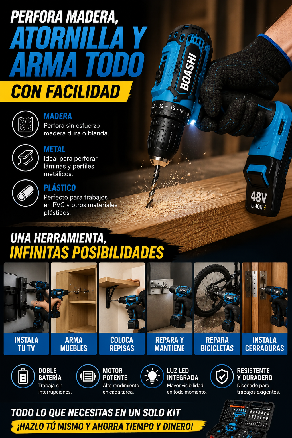 Kit de Taladro Inalámbrico BOASHI 48V con estuche y accesorios