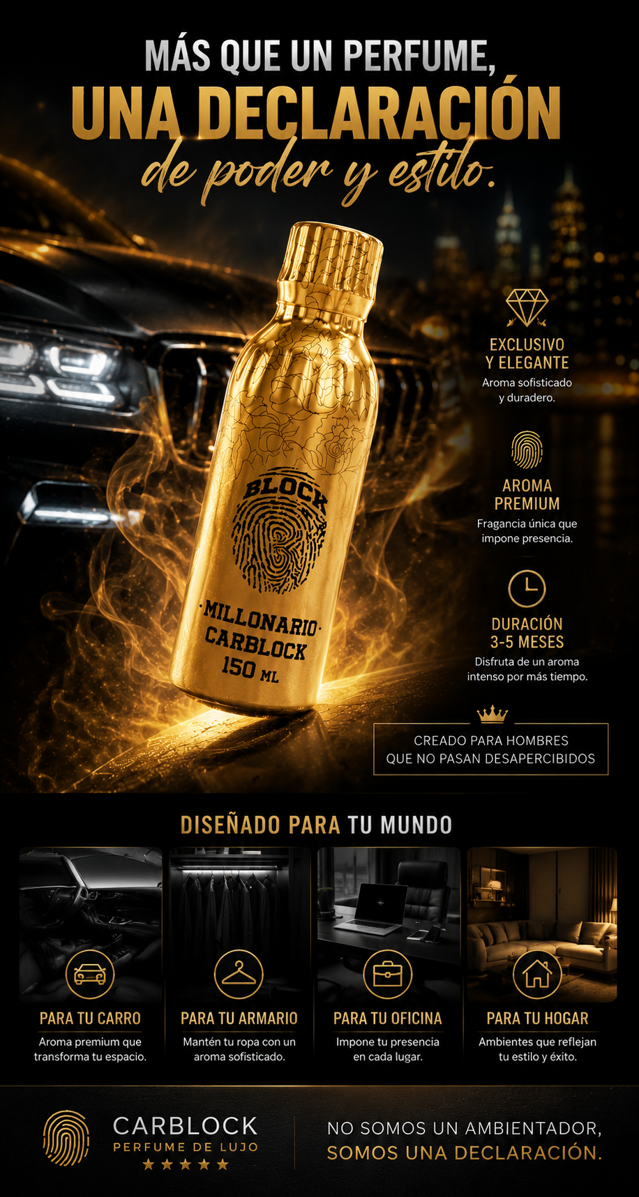 Perfume de lujo Carblock para carros, envase dorado